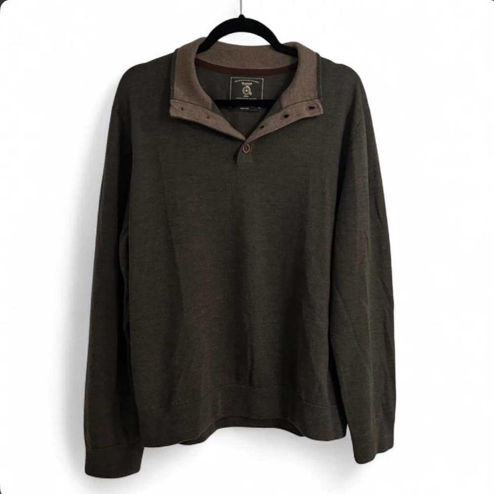 Maker & Company Men’s 100% Merino Wool Sweater XL Olive Collar Elbow Patch Luxe